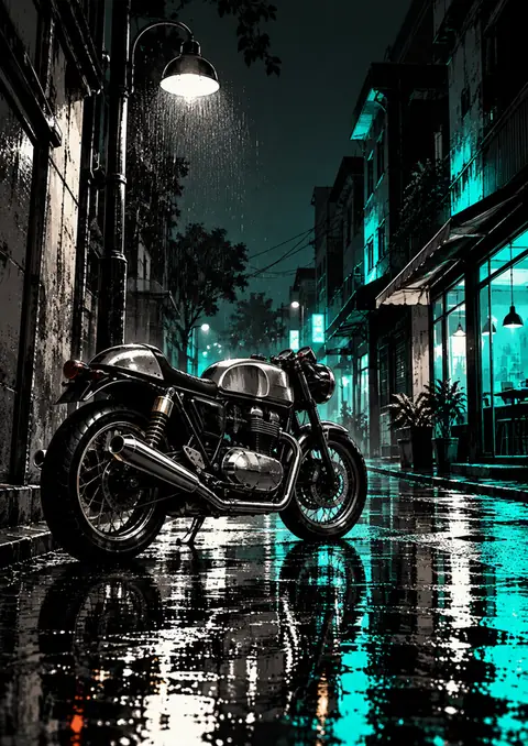 Café Racer, Night Rain poster, Noir graphic novel