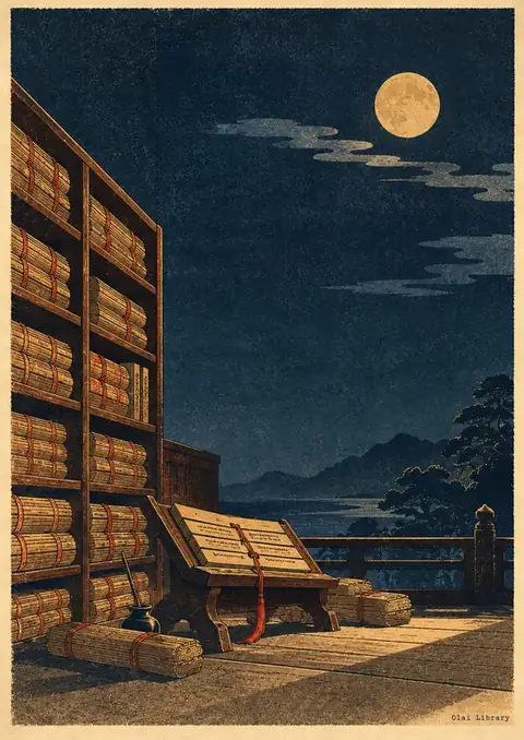 Olai Library poster, Moonlit painting, indigo & tan