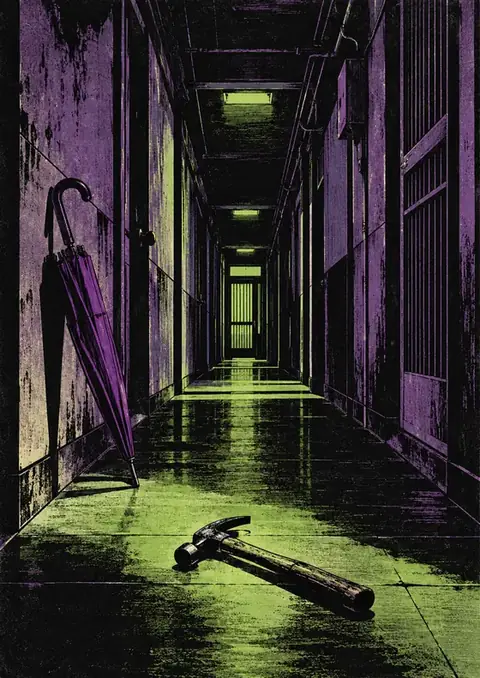 Oldboy poster, Woodblock print, violet & acid green