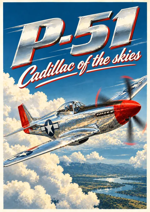 P-51 Mustang poster, Vintage aviation poster