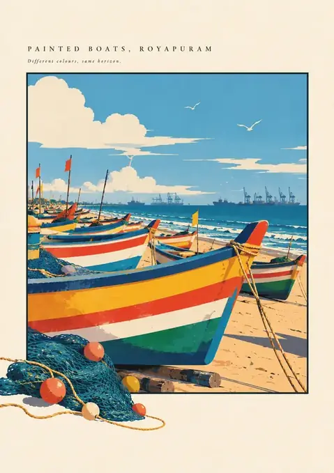 Painted Boats, Royapuram poster, Bright flat illustration, primary stripes
