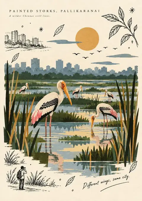 Painted Storks, Pallikaranai poster, Flat illustration with ink sketches