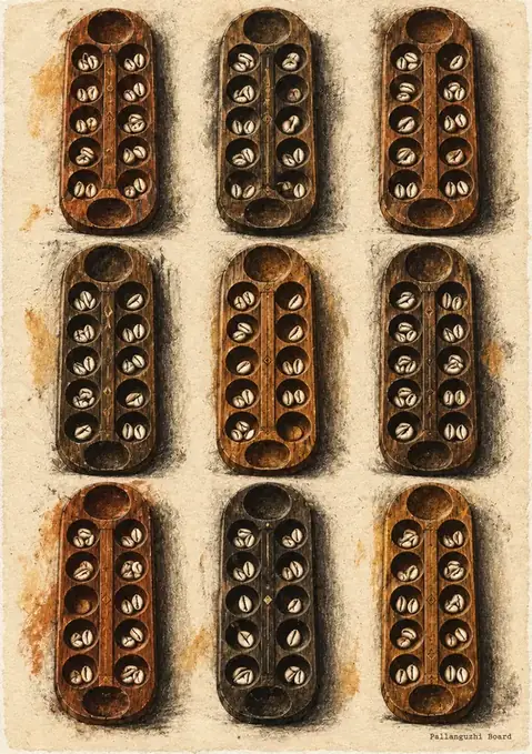 Pallanguzhi Boards poster, Engraved plate on parchment
