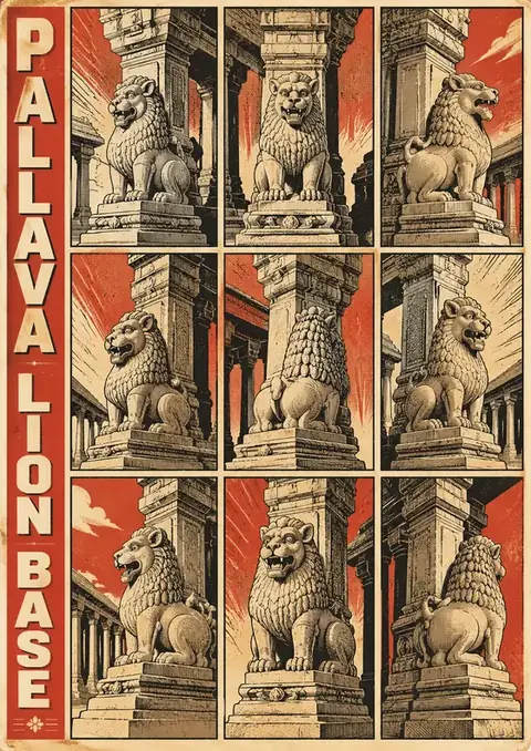 Pallava Lion Base poster, Comic-panel engraving, red & cream