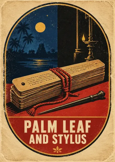 Palm Leaf and Stylus poster, Vintage label, red & navy