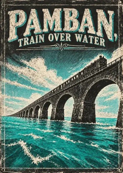 Pamban, Train Over Water poster, Retro engraved poster, turquoise