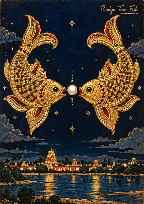 Pandya Twin Fish poster, Jewelled gold on night blue