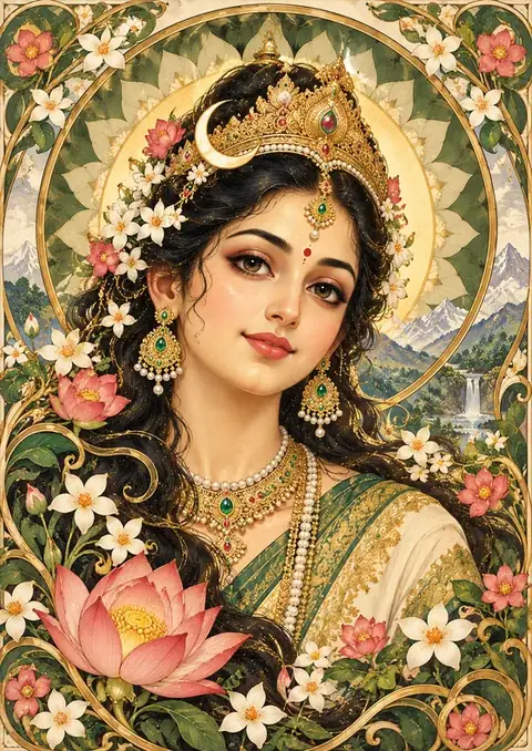 Parvati in Bloom poster, Art Nouveau floral portrait