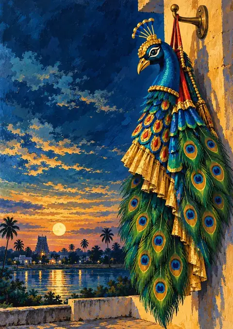 Peacock Costume poster, Vivid painting, dusk blue & gold