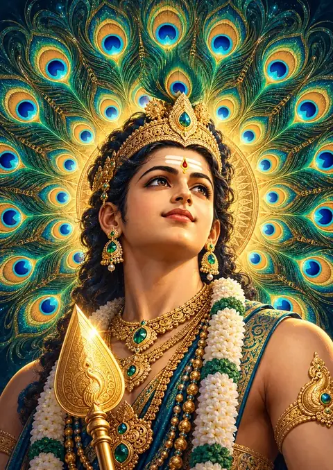 Murugan, Peacock Halo poster, Radiant devotional portrait