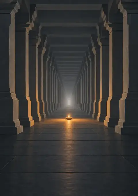 Thousand Pillars poster, Stone corridor, lamp amber