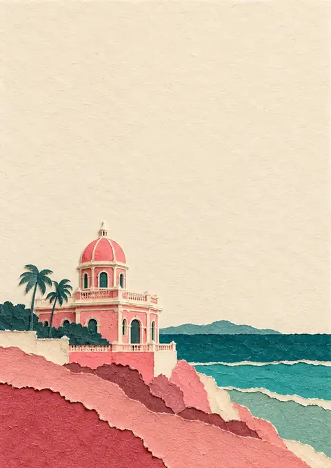 Pink Dome by the Sea poster, Torn-paper collage, pastel