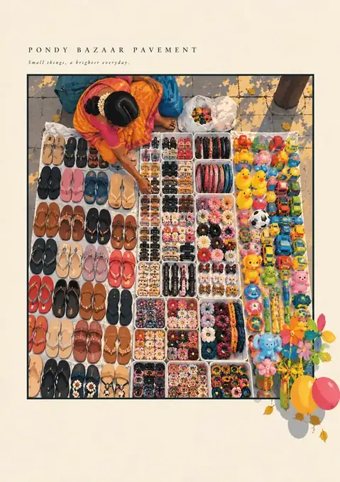 Pondy Bazaar Pavement poster, Overhead illustration, candy colours