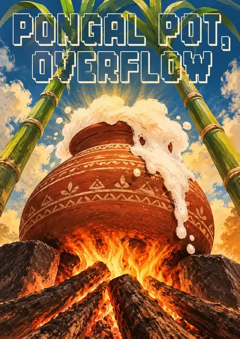 Pongal Pot, Overflow poster, Retro game-art painting, fire & clay