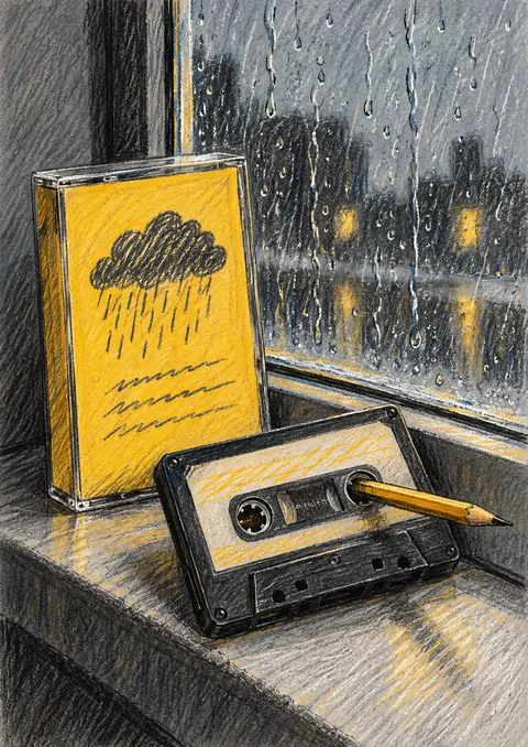 Rain Cassette poster, Coloured-pencil still life