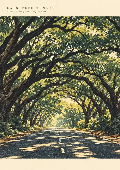 Rain Tree Tunnel poster, Painterly illustration, deep green