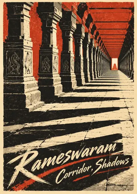Rameswaram Corridor poster, Screen-print, red & black