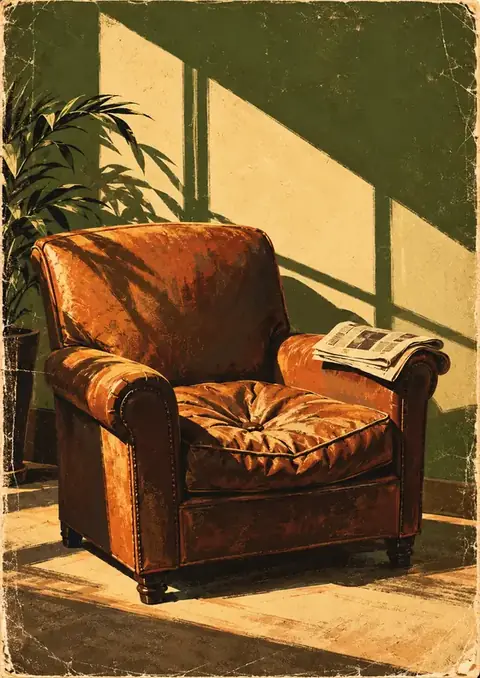 The Reading Chair poster, Vintage print, olive & brown