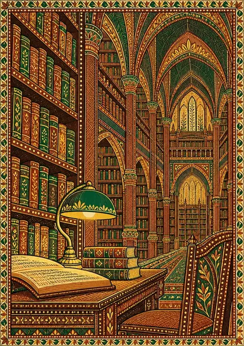 The Reading Room poster, Madhubani pattern, red & green