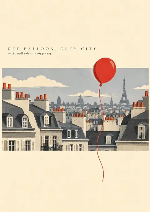 Red Balloon, Grey City poster, Minimal illustration, grey & red