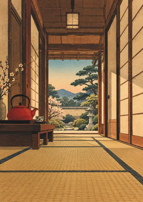 Low Camera, Red Kettle poster, Ukiyo-e woodblock