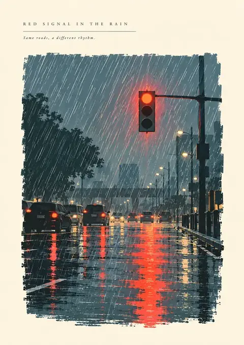 Red Signal in the Rain poster, Rain painting, slate & red