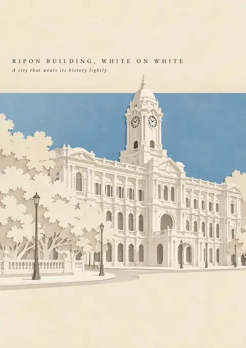Ripon Building, White on White poster, Layered paper-cut, white & blue