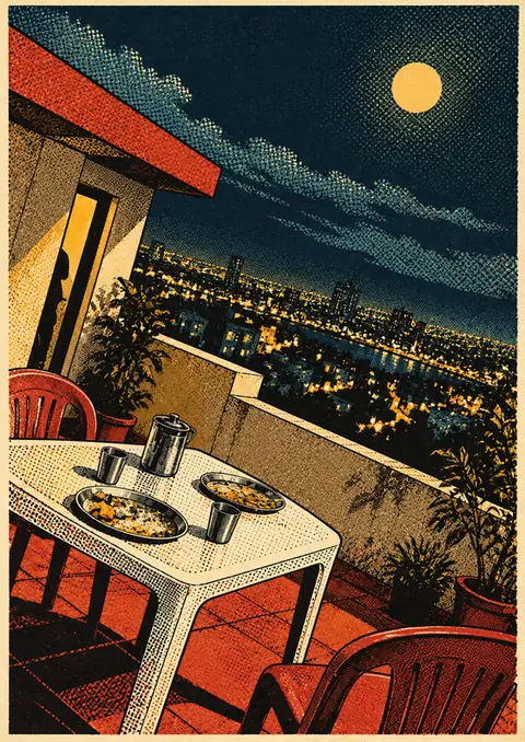 Dinner on the Terrace poster, Halftone comic print