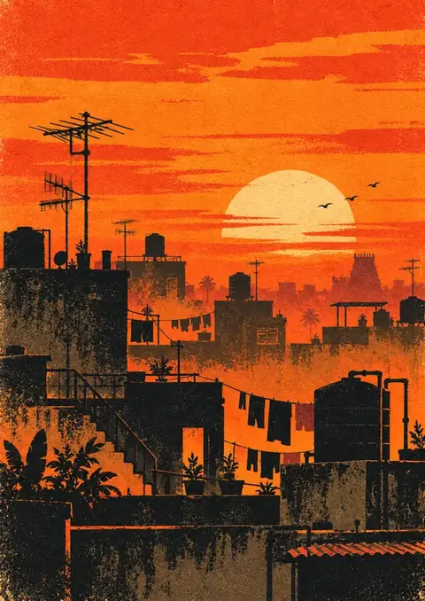 Rooftop Sunset poster, Grainy screen-print, orange & black