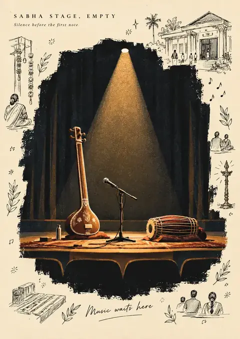 Sabha Stage, Empty poster, Ink sketches around a spotlit painting