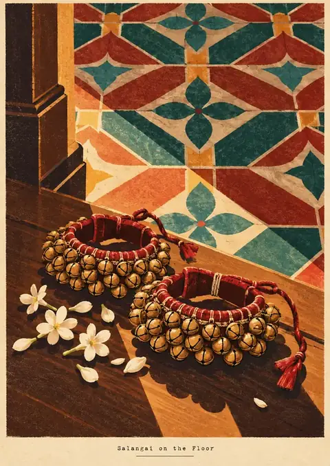Salangai on the Floor poster, Warm painting on Athangudi tile