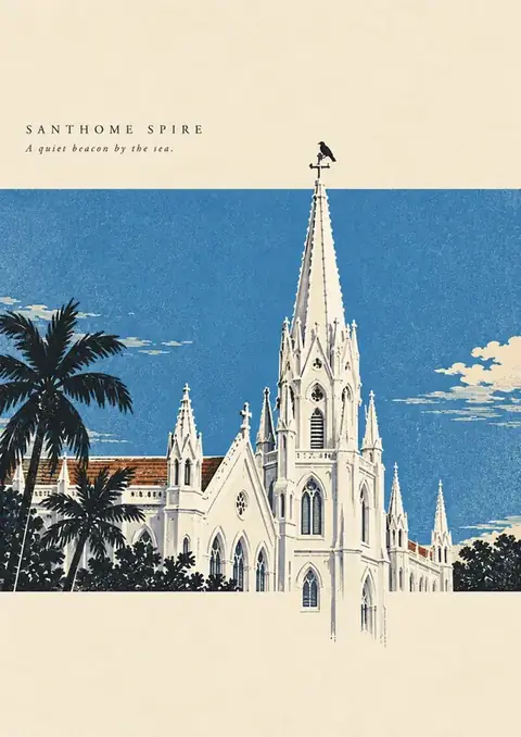 Santhome Spire poster, Vintage poster, white & blue