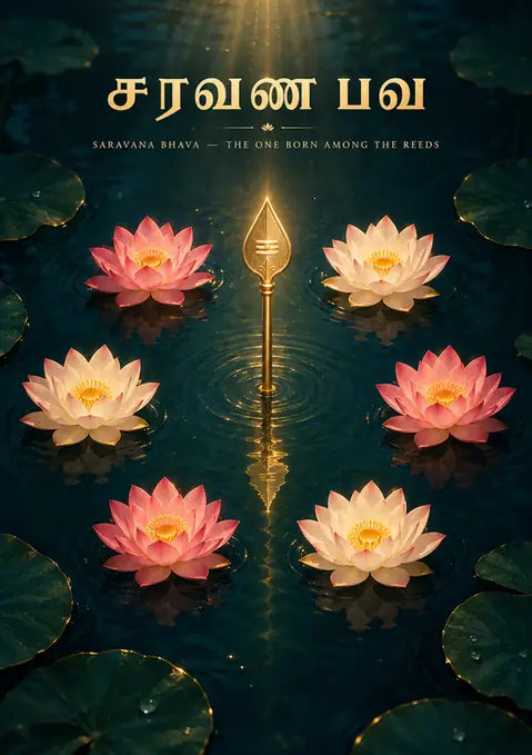 Saravana Bhava poster, Luminous lotus-pond painting