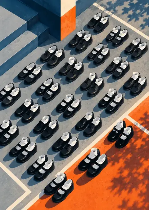Rows of Shoes poster, Overhead illustration, orange & grey