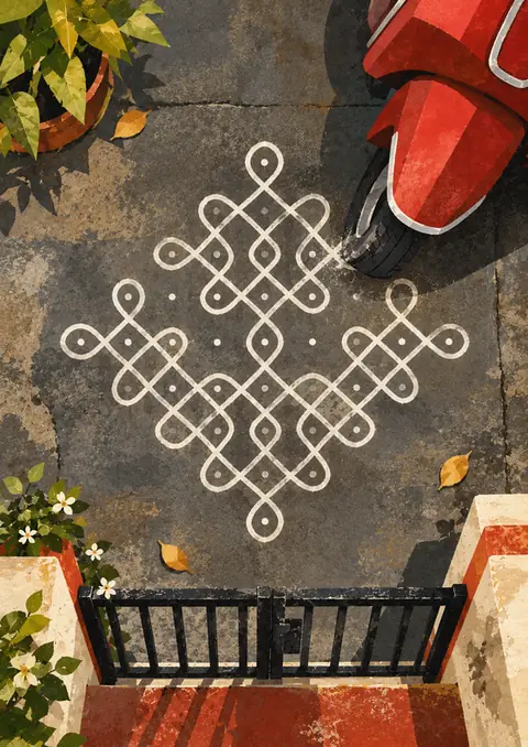 Kolam at the Gate poster, Flat illustration, overhead