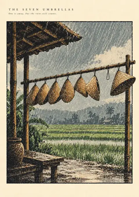 The Seven Umbrellas poster, Linocut-style, rain grey & green