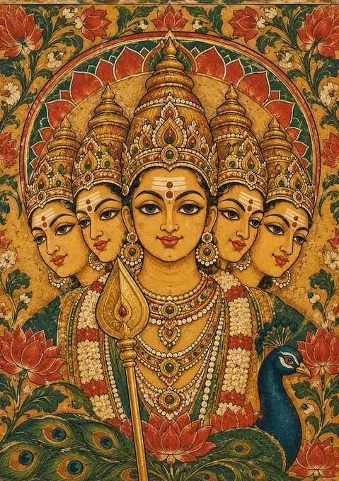 Shanmukha poster, Temple mural, ochre & green