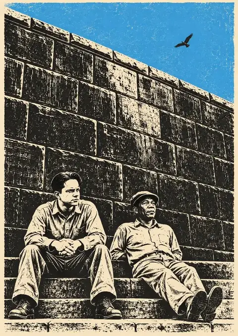 The Shawshank Redemption poster, Linocut, single blue accent
