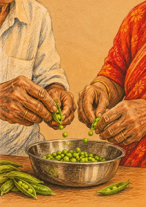 Shelling Peas poster, Coloured-pencil drawing