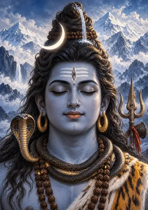 Shiva in the Himalayas poster, Painterly realism, snow & ash
