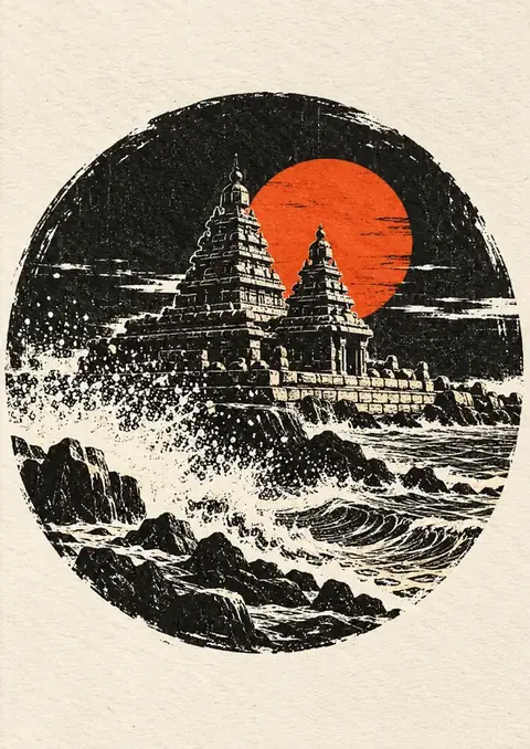 Shore Temple poster, Black ink engraving, red sun