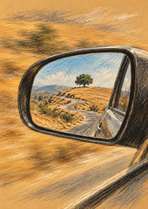 Tree in the Side Mirror poster, Coloured pencil on toned paper
