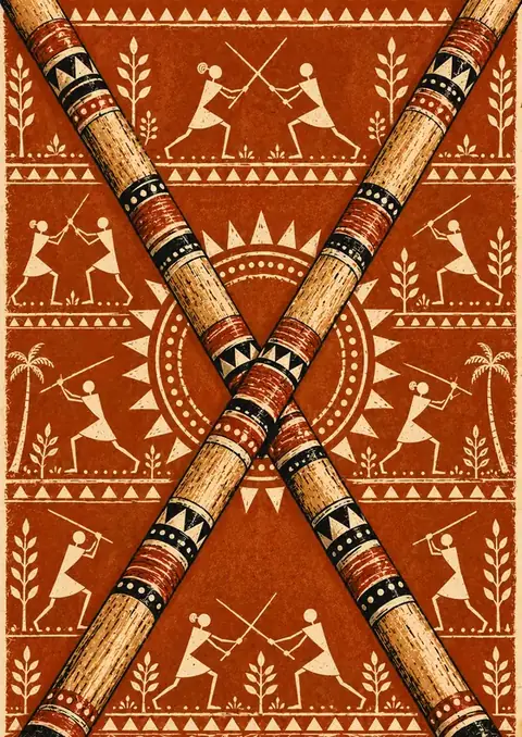 Silambam Staffs poster, Warli folk art, rust & cream