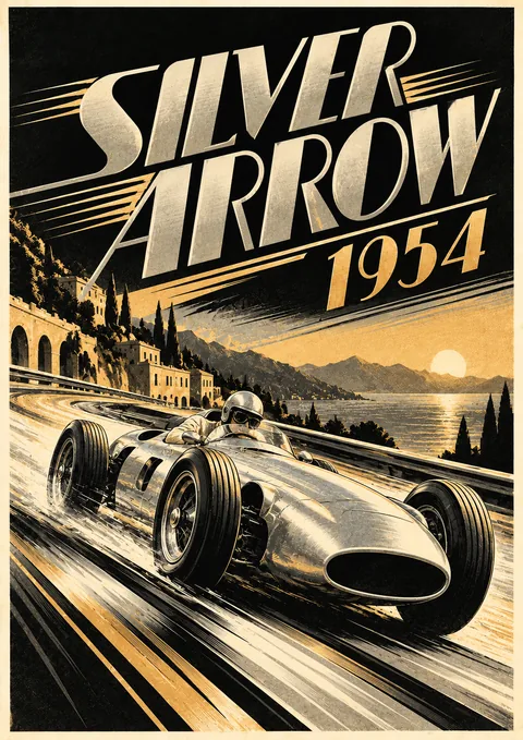 Silver Arrow, 1954 poster, Art Deco race poster