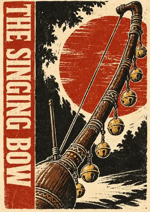 The Singing Bow poster, Vintage woodcut, red & black