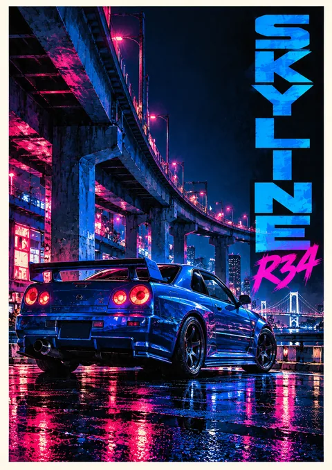 Skyline R34 poster, Neon night illustration