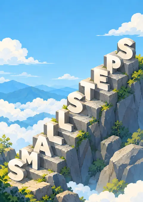 Small Steps poster, 3D lettering, mountain sky