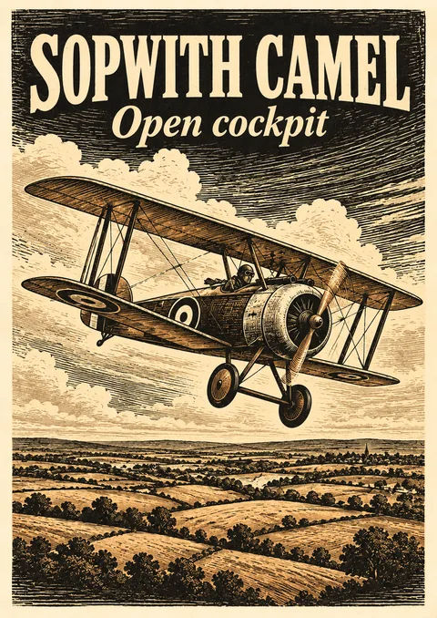 Sopwith Camel poster, Woodcut engraving