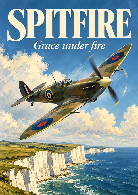 Spitfire poster, Vintage aviation painting