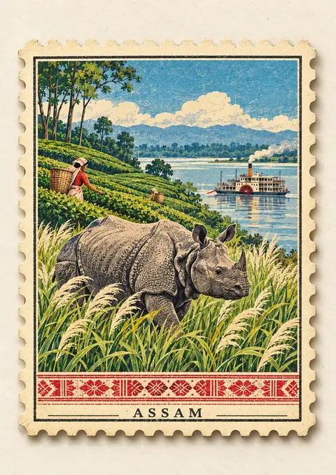 Assam Stamp poster, Vintage postage stamp